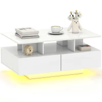 HOMCOM Mesa de Centro Moderna com LED 4 Gavetas Prateleira Aberta e Luzes LED de 16 Cores 90x55x41 cm Branco Brilhante(m-10)