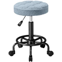 HOMCOM Banco Giratório Redondo Banco com Rodas Altura Regulável 50-66 cm Assento Estofado em Tecido tipo Borreguito Azul(m-1)