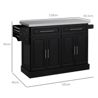 HOMCOM Ilha de Cozinha com Rodas Bancada de Aço Inoxidável 2 Gavetas 4 Portas e 2 Prateleiras Ajustáveis 145x45x93 cm Preto(m-3)