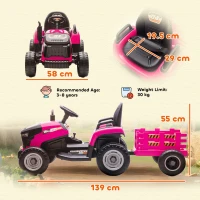 AIYAPLAY 12V Ride on Tractor and Trailer with Remote Control, Music, Shifter, Start-Up Sound, for Kids Ages 3-8 Years, Pink(m-3)