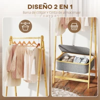 HOMCOM Burro para Ropa Plegable de Bambú con Cesta de Tela con Tapa para Recibidor Entrada Dormitorio 60x44,5x157,5 cm Gris(m-4)