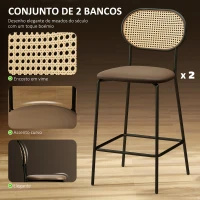 HOMCOM Conjunto de 2 Bancos de Bar Bancos Altos de Cozinha com Encosto em Vime Assento em PU Estrutura de Aço 45x50x97 cm Marrom(m-4)