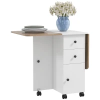 HOMCOM Mesa Plegable de Comedor con Ruedas Alas Abatibles 2 Cajones y Armario Hasta 6 Personas 120x60x76,5 cm Blanco y Natural(m-11)