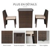 Outsunny Ensemble salon de jardin encastrable 3 pièces plateau table verre trempé + lot de 2 chaises coussins résine tressée chocolat(m-6)