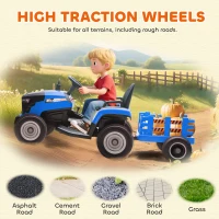 AIYAPLAY 12V Ride on Tractor and Trailer with Remote Control, Music, Shifter, Start-Up Sound, for Kids Ages 3-8 Years, Blue(m-9)
