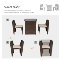 Outsunny Ensemble salon de jardin encastrable 3 pièces plateau table verre trempé + lot de 2 chaises coussins résine tressée chocolat(m-4)