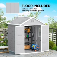 Outsunny 6 x 5ft Garden Shed, Plastic Shed with Floor, Window, Lockable Doors and Vents, Wood Effect Resin Tool Shed for Outdoor Patio, Light Grey(m-6)