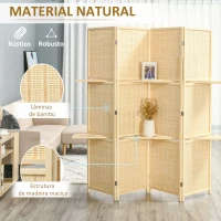 HOMCOM Biombo de 4 Painéis de Bambu Separador de Ambientes Dobrável com 2 Prateleiras Removíveis para Dormitório 180x180 cm Madeira(m-6)