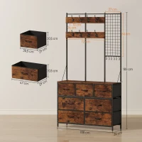 HOMCOM Suporte para Cabides Móvel de Arrumação com Sapateira 14 Ganchos 7 Gavetas de Tecido e Prateleira 100x30x183 cm Castanho Rústico(m-3)