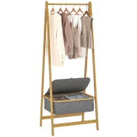HOMCOM Burro para Ropa Plegable de Bambú con Cesta de Tela con Tapa para Recibidor Entrada Dormitorio 60x44,5x157,5 cm Gris(m-10)