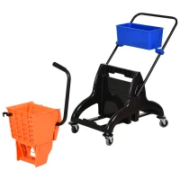 HOMCOM Cubo para Fregona Comercial Cubeta de Trapeador con Escurridor de Presión Abajo Capacidad de 26L con 4 Ruedas Silenciosas Doble Cubetas Separadas 78x45x95 cm Naranja y Azul(m-8)