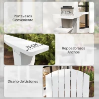 Outsunny Silla Adirondack de Madera con Reposabrazos y Respaldo Alto para Terraza Balcón Exterior 72x95x93 cm Blanco(m-8)