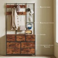 HOMCOM Suporte para Cabides Móvel de Arrumação com Sapateira 14 Ganchos 7 Gavetas de Tecido e Prateleira 100x30x183 cm Castanho Rústico(m-4)