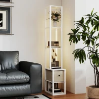 HOMCOM Candeeiro de Pé Moderno com Prateleiras Abertas Gaveta de Tecido e Interruptor de Pé 43,5x26,5x169 cm Branco(m-8)