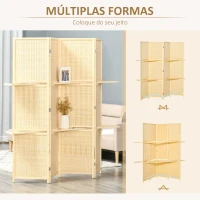 HOMCOM Biombo de 4 Painéis de Bambu Separador de Ambientes Dobrável com 2 Prateleiras Removíveis para Dormitório 180x180 cm Madeira(m-7)