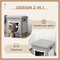 PawHut Casetta per Gatti con Tiragraffi, Cuscino e Pallina, in Legno e Poliestere, 35.5x35.5x42.5 cm, Crema e Grigio(m-4)