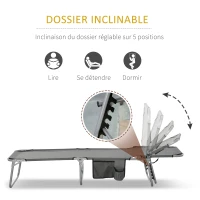 Outsunny Bain de soleil transat pliable dossier réglable multipositions pochette rangement intégrée acier époxy oxford gris(m-4)