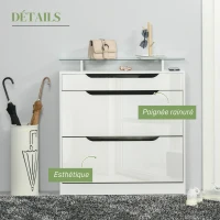 HOMCOM Armoire à Chaussures avec 2 tiroirs rabattables + 1 tiroir Coulissant + 1 comptoir et 1 Plateau en Verre étagère réglable sur 2 Niveaux 89 x 23 x 96 cm blanc(m-6)