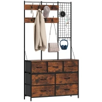 HOMCOM Suporte para Cabides Móvel de Arrumação com Sapateira 14 Ganchos 7 Gavetas de Tecido e Prateleira 100x30x183 cm Castanho Rústico(m-10)