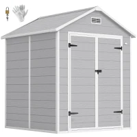 Outsunny 6 x 5ft Garden Shed, Plastic Shed with Floor, Window, Lockable Doors and Vents, Wood Effect Resin Tool Shed for Outdoor Patio, Light Grey(m-10)