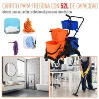 HOMCOM Cubo para Fregona Comercial Cubeta de Trapeador con Escurridor de Presión Abajo Capacidad de 26L con 4 Ruedas Silenciosas Doble Cubetas Separadas 78x45x95 cm Naranja y Azul(m-4)