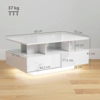 HOMCOM Mesa de Centro Moderna com LED 4 Gavetas Prateleira Aberta e Luzes LED de 16 Cores 90x55x41 cm Branco Brilhante(m-3)