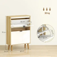 HOMCOM Zapatero Estrecho con 2 Puertas en Blanco Brillo Estantes Ajustables Patas de Madera para 12 Pares de Zapatos(m-3)
