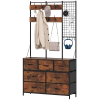 HOMCOM Suporte para Cabides Móvel de Arrumação com Sapateira 14 Ganchos 7 Gavetas de Tecido e Prateleira 100x30x183 cm Castanho Rústico(m-11)