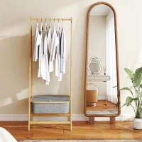 HOMCOM Burro para Ropa Plegable de Bambú con Cesta de Tela con Tapa para Recibidor Entrada Dormitorio 60x44,5x157,5 cm Gris(m-9)