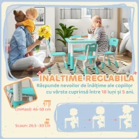 AIYAPLAY Set Măsuță și Scaune pentru Copii 18-60 Luni cu Înălțime Reglabilă și Tablă de Scris, 60x60x46-58 cm, Verde(m-4)