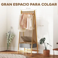 HOMCOM Burro para Ropa Plegable de Bambú con Cesta de Tela con Tapa para Recibidor Entrada Dormitorio 60x44,5x157,5 cm Gris(m-5)