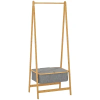 HOMCOM Burro para Ropa Plegable de Bambú con Cesta de Tela con Tapa para Recibidor Entrada Dormitorio 60x44,5x157,5 cm Gris(m-1)