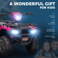 HOMCOM 12V Kids Quad Bike with Forward, Reverse Functions, Ride-On ATV w/ Music, LED, Headlights, for Ages 3-5 Years - Pink(m-8)