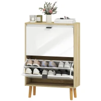 HOMCOM Scarpiere Stretto con 2 Porte in Bianco Lucido Ripiani Regolabili Gambe in Legno per 12 Paia di Scarpe(m-6)