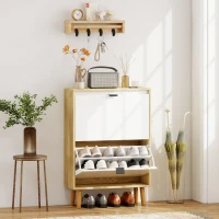 HOMCOM Scarpiere Stretto con 2 Porte in Bianco Lucido Ripiani Regolabili Gambe in Legno per 12 Paia di Scarpe(m-2)