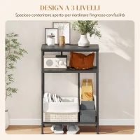 HOMCOM Mobile Consolle a 3 Ripiani con Struttura in Metallo e Legno, 55x30x81 cm, Nero(m-4)