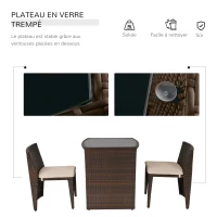 Outsunny Ensemble salon de jardin encastrable 3 pièces plateau table verre trempé + lot de 2 chaises coussins résine tressée chocolat(m-5)