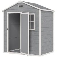 Outsunny 6 x 4ft Garden Shed, Plastic Shed with Floor, Window, Lockable Door and Vents, Wood Effect Resin Tool Shed for Outdoor, Grey(m-11)