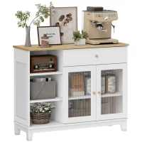 HOMCOM Aparador para Salón con 2 Puertas de Vidrio Cajón Compartimentos Abiertos y Estantes Ajustables 100x35x80,3 cm Blanco(m-10)