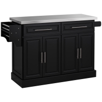 HOMCOM Ilha de Cozinha com Rodas Bancada de Aço Inoxidável 2 Gavetas 4 Portas e 2 Prateleiras Ajustáveis 145x45x93 cm Preto