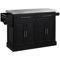 HOMCOM Ilha de Cozinha com Rodas Bancada de Aço Inoxidável 2 Gavetas 4 Portas e 2 Prateleiras Ajustáveis 145x45x93 cm Preto(m-1)
