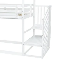 3ft Bunk Bed with Decorative Canopy, Corner Staircase, Picture Bookshelf, MDF and Pinewood Frame, 250L x 108W x 228.5H cm, White+Green(m-12)