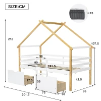 3ft Children's Bed with 2 Storage Drawers, Safety Guardrail, MDF and Pinewood Frame, Roof Design, 201.5L x 95W x 212H cm, White+Natural(m-3)