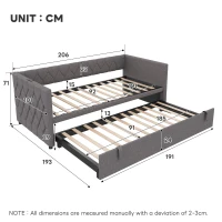 Upholstered Daybed with USB and Type-C Ports, Button-Tufted Pull-out Trundle Bed for Bedroom, Study Room, 206L x 193W x 71H cm, Grey(m-3)