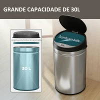 HOMCOM Balde de Lixo de Cozinha Automático 30 L em Aço Inoxidável Sensor Infravermelhos Fecho Automático 32x30,5x51 cm Prata(m-5)