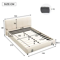 4ft6 Upholstered Double Bed with Durable Frame, Soft Headboard, Sturdy Slats, Velvet Bed for Adults, Teenagers, 213L x 152W x 89H cm, White(m-3)