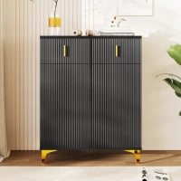 Elegant Sideboard with Adjustable Shelves, Gold-Plated Details, Shoe Cabinet with Push-to-Open Design, 83L x 35W x 101H cm, Black(m-5)