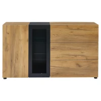 Modern Sideboard with 3 Drawers, LED Lighting, Storage Cabinet with Adjustable Glass Shelves, 140L x 40W x 80H cm, Black+Brown(m-2)