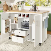 Kitchen Island Trolley with Folding Worktop, Adjustable Shelves, Wine Rack, Utility Cart with Towel and Spice Racks, 138L x 73W x 92H cm, White(m-8)