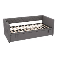 Upholstered Daybed with USB and Type-C Ports, Button-Tufted Pull-out Trundle Bed for Bedroom, Study Room, 206L x 193W x 71H cm, Grey(m-11)